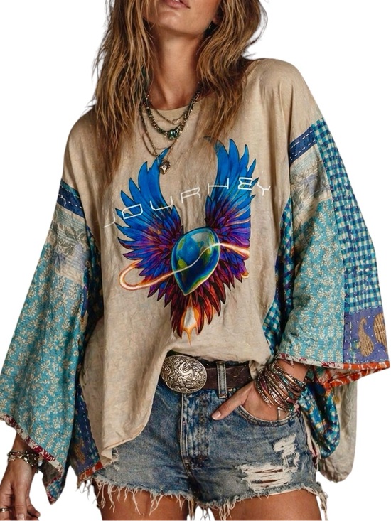 Tops - Journey Kantha Poncho XL Upcycled Boho Festival Band Tee One of a Kind